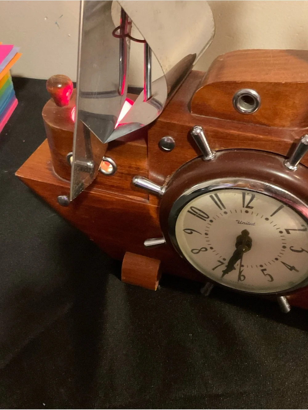 Wooden Ship Clock Wall Decor in Brown and Silver